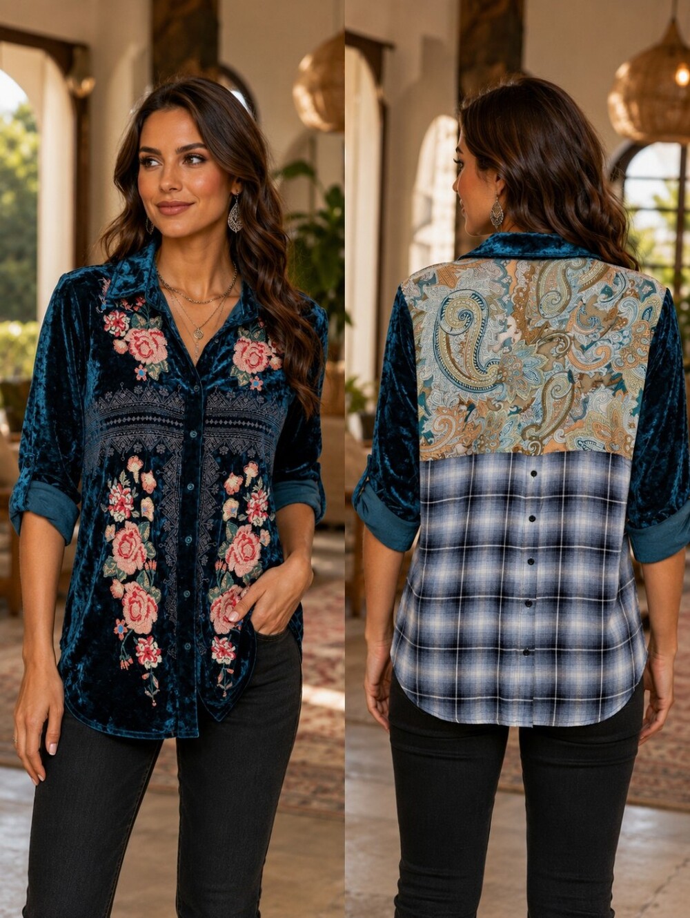Andree by Unit Velvet Embroidered Tunic Sz M Teal Floral Paisley Plaid Artsy